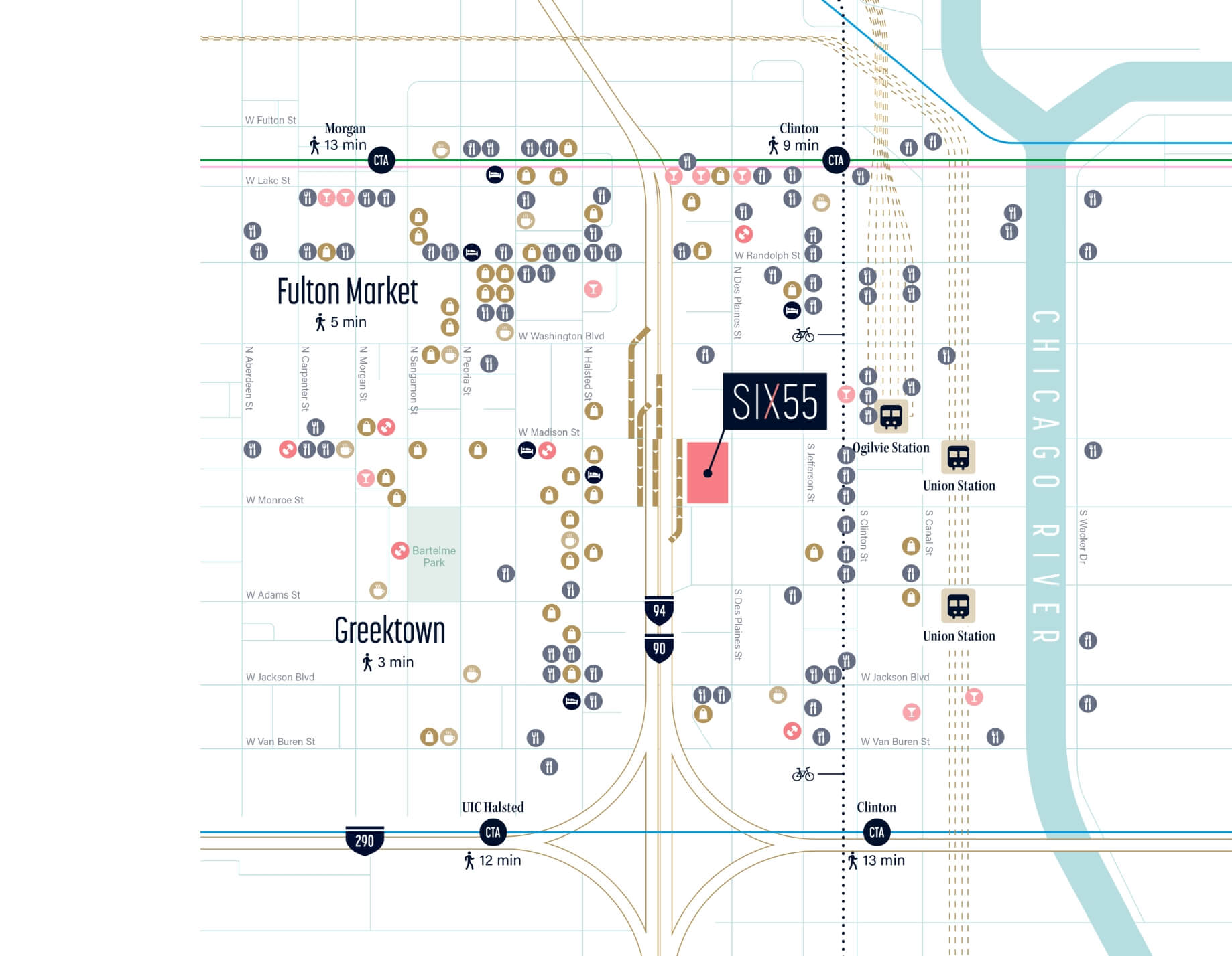 Map graphic showing 655 Madison's location and attractions