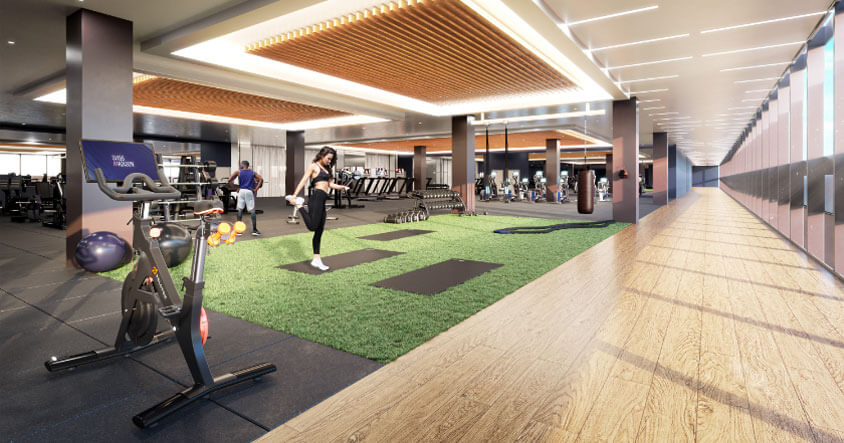 Gymnasium with astroturf and workout machines