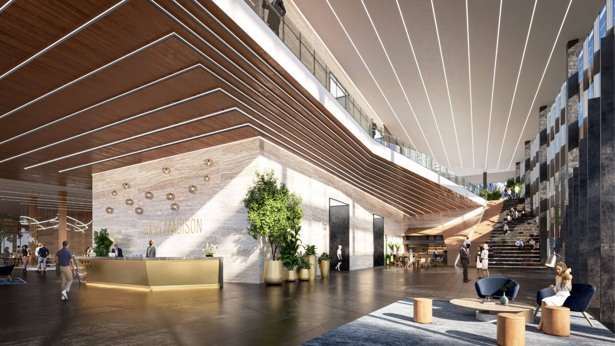 Lobby of 655 Madison with gold accents and reception area