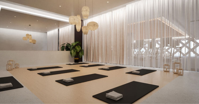 Yoga studio with double-height curtained glass wall