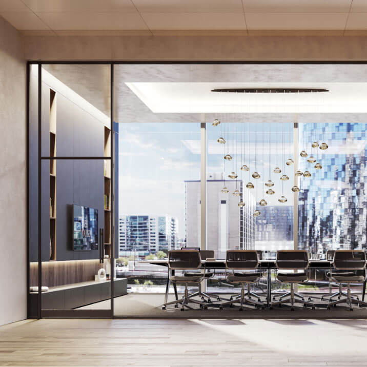View into conference room with decorative hanging lights