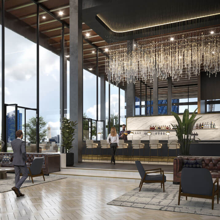 Bar area with decorative lighting and multiple seating options