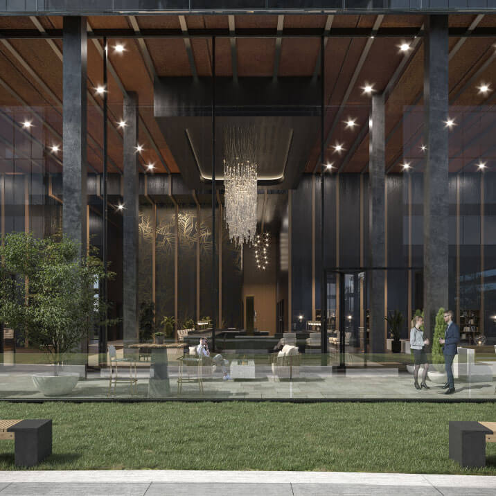 Outdoor courtyard area with glass walkway partitions